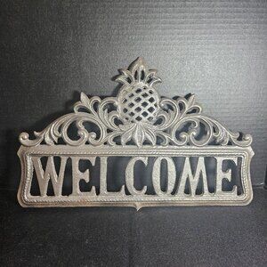 Silvertone Cast Iron Metal Welcome Wall Sign With Pineapple Motif   16" x 10"